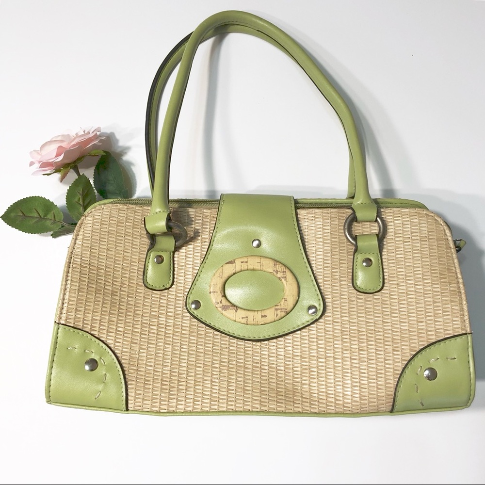 Woven straw look Lime Green & Tan Handbag - Picture 1 of 8